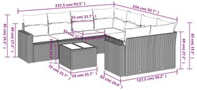 9 pcs conjunto sofás p/ jardim com almofadões vime PE cinzento