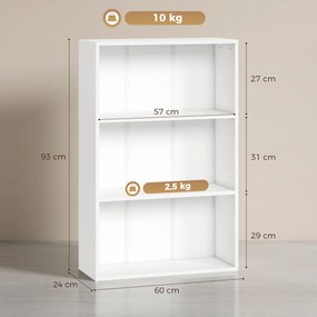 Estante de arrumação com 3 compartimentos e prateleira ajustável, 60 x 24 x 93 cm, branca