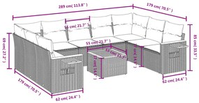 10 pcs conjunto sofás de jardim c/ almofadões vime PE preto