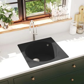 vidaXL Lava-louça cozinha c/ orifício extravasamento granito preto