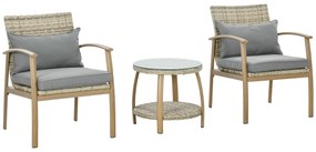 Outsunny Conjunto Cadeiras Mesa Vime Estrutura Alumínio 2 Cadeiras Mesa Vidro Temperado Jardim Terraço Natural e Marróm | Aosom Portugal