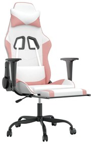 Cadeira gaming massagens c/ apoio pés couro artif. branco/rosa