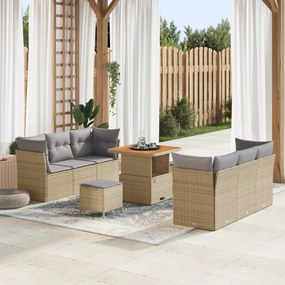 Conjunto de Sofá de Jardim de 9 Peças com Almofadas Bege Rattan Poliéster Acácia