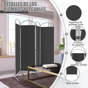 Biombo dobrável 221 x 51 x 188 cm de 4 painéis divisória de espaços com tela de tecido para varanda, escritório, sala de estar Cinzento