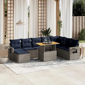vidaXL 9 pcs conjunto sofás p/ jardim c/ almofadões vime PE cinzento