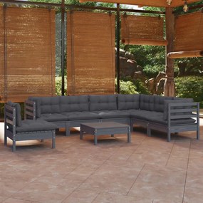 8 pcs conjunto lounge de jardim + almofadões pinho maciço cinza