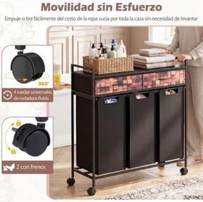 Carrinho para roupa suja com 3 compartimentos 92,5 x 33 x 97,5 cm, 135 L, com rodas, 3 sacos removíveis e 2 gavetas em tecido Oxford para casa de banh