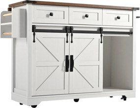 Ilha de cozinha com tampo rebatível, carrinho de serviço sobre rodas com 2 portas deslizantes e 3 gavetas, 140x45/73x94 cm, Bege