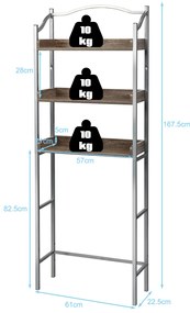 Armário de casa de banho sobre Sanita com Barra Ajustável Organizador de Banheiro Prateleira 3 Níveis Estrutura Metálica 61 x 22,5 x 167,5 cm