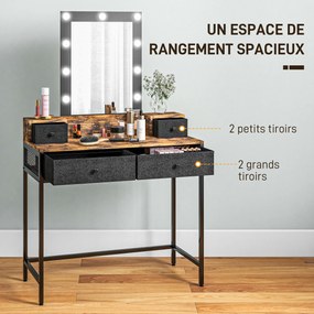 Toucador com espelho LED ajustável integrado 90 x 40 x 148 cm base em metal preto - 4 gavetas forradas a tecido castanho rústico