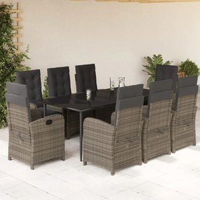 9 pcs conjunto de jantar p/ jardim c/ almofadões vime PE cinza
