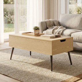Mesa de centro elevável 100 x 50 x 43,6 cm com tampo duplo, mesa de sala com compartimento oculto e pés em metal e madeira natural