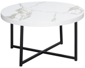 mesa de Centro Mesa de Sala de Estar Redonda com Bancada Similar ao Mármore e Estrutura de Metal para Escritório Estilo Moderno 80x80x45cm Branco e Pr