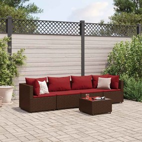 vidaXL 5 pcs conjunto lounge jardim c/ almofadões vime PE castanho