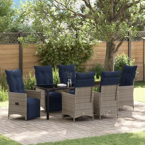 Conjunto Jantar Jardim 7 peças Almofadas Rattan Poliéster Cinza vidaXL