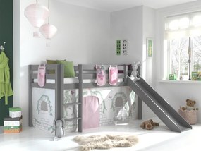 Conjunto Cama alta de Criança PINO 90 x 200 cm + estrado + escada + escorrega + cortina + bolsas de arrumação Passaros Cinzenta
