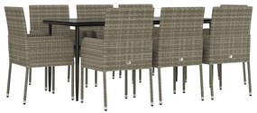 9 pcs conjunto jantar jardim c/ almofadões vime PE preto/cinza