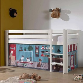 Cama alta de Criança PINO 90 x 200 cm + estrado + escada + cortina Animais Branca
