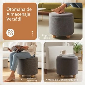 Banco redondo com arrumação 35 L oculta estofado em chenille, tampo removível e pernas de madeira para sala ou quarto cinzento