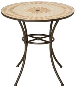 Outsunny Mesa de Jardim Redonda Mesa Auxiliar de Mosaico com Pés de Metal com Orifício para Chapéu de Sol para Pátio Terraço Ø75x75 Bege e Marrom