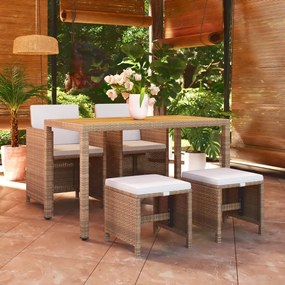 vidaXL 5 pcs conjunto jantar p/ jardim c/ almofadões vime PE bege