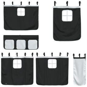 Cama alta criança c/ cortina 90x190cm pinho maciço branco/preto