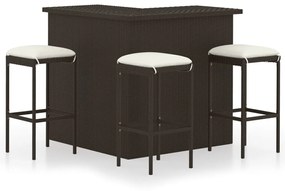 vidaXL 4 pcs conjunto de bar p/ jardim com almofadões vime PE castanho