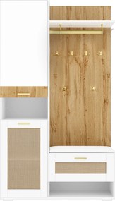 Conjunto para hall de entrada com espelho e banco, iluminação LED, cabideiro de parede e 6 ganchos dourados, 110x38x190 cm, Branco+Cor natural