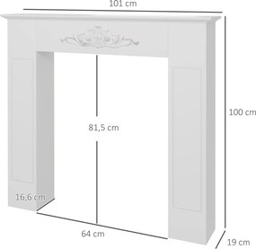 Moldura decorativa 101 x 19 x 100 cm para lareira elétrica (NÃO INCLUIDA), em madeira branca