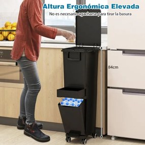 Caixote do lixo multifuncional 36 x 25 x 84 cm com 2 compartimentos e caixote inferior inclinável Preto
