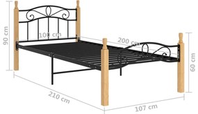 Estrutura de cama 100x200cm metal/madeira carvalho maciça preto