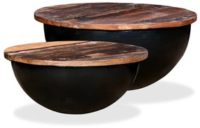 Conj. mesas centro 2 pcs madeira reciclada preto forma tigela