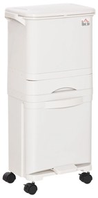 HOMCOM Caixotes de Lixo e Reciclagem 45L Caixote Móvel com Rodas 4 Compartimentos Gaveta Abertura e Fechamento com Botão e Pedal 42x29x83cm Branco