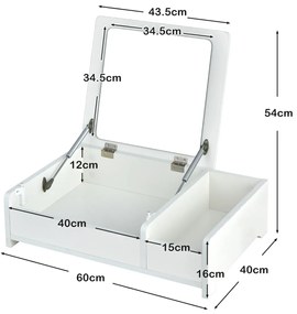 Pequena Caixa de maquilhagem de mesa compacta com espelho flip-open para quarto de dormir Grande Armazenamento 60 x 40 x 16 cm Branco