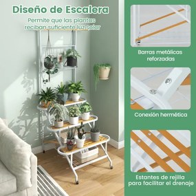 Estante para plantas de 4 níveis com estrutura metálica com rodas, escada e barra 80 x 85 x 175 cm para sala de estar, varanda e pátio Branco
