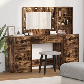 Conjunto de Mesa de Maquiagem vidaXL com 3 Peças e LED em Carvalho Fum
