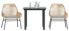 Conjunto jantar jardim 3 peças almofadas vidro vime PE castanho