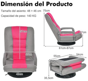 Sofá-cadeira rebatível ajustável em 6 posições com base giratória de 360° para ler e relaxar 61-87 x 55 x 75 cm Rosa