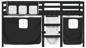 Cama alta criança c/ cortina 90x190cm pinho maciço branco/preto