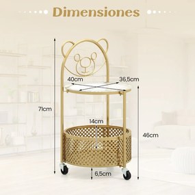 Mesa de centro de vidro móvel Mesa apoio ou cabeçeira de 2 níveis com padrão de urso Cesto de arrumação Estrutura metálica Mesa lateral moderna Dourad
