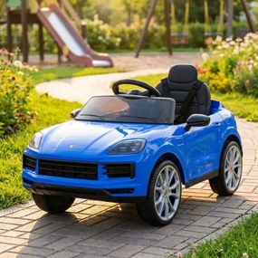 Carro elétrico para Crianças 2 a 5 anos 12V Porsche Cayenne, Rodas de espuma EVA, Controlo Remoto, assento Couro ecológico preto Azul