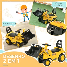 Carro Andador para Crianças Escavadora para Crianças com Pá Dianteira Buzina Volante e Compartimento Oculto 80x26,5x39 cm Amarelo