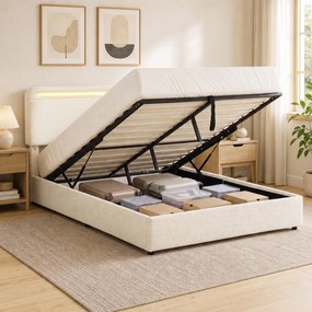 Cama de Casal com Arrumação, 199 x 154 x 108 cm (COLCHÃO NÃO INCLUIDO), Iluminação LED RGB, Creme