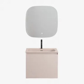 Conjunto De Móvel De Casa De Banho Suspenso Em Madeira Com Lavatório Integrado Macrae Crema Linho & Quadrado Led E Anti-embaciamento 75x75 Cm - Sklum