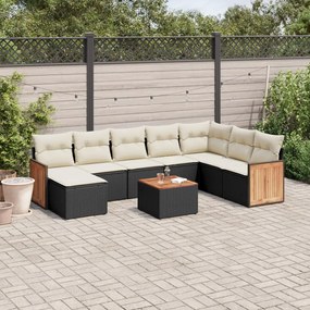 9 pcs conjunto de sofás p/ jardim c/ almofadões vime PE preto