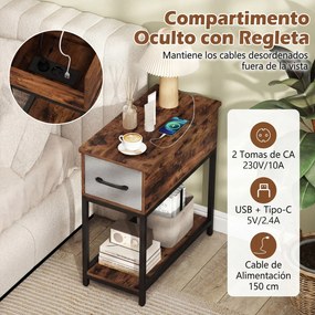 Conjunto de 2 mesas cabeçeira estreitas com estação de carregamento  60 x 29 x 62 cm, luzes, USB, gaveta e estante industrial Castanho rústico e cinze