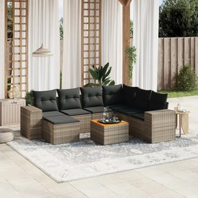8 pcs conjunto sofás de jardim c/ almofadões vime PE cinzento