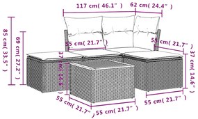 5 pcs conjunto sofás de jardim com almofadões vime PE preto