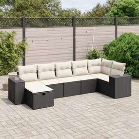7 pcs conjunto de sofás p/ jardim c/ almofadões vime PE preto