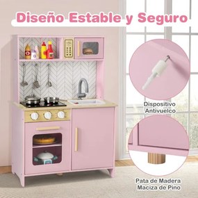 Cozinha de brincar para crianças de madeira 60 x 30 x 85 cm com luzes, sons, micro-ondas, fogão, lava-louças, forno e acessórios Rosa